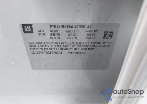 2016 Chevrolet Malibu 1Lt z USA, uszkodzony, nr VIN 1G1ZE5ST9GF258384